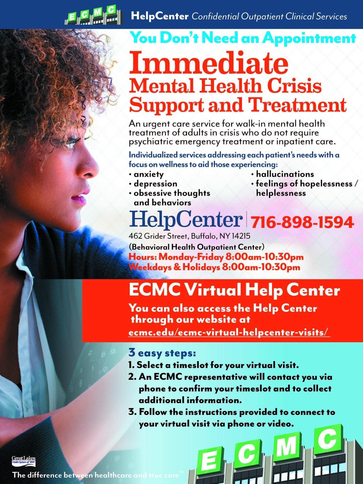 ECMC Virtual Help Center available by phone at 716-898-1594 or online at https://www.ecmc.edu/ecmc-virtual-helpcenter-visits/